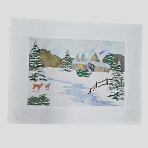 Hand Crafted Embroidered Quilted Winter Cabin Deer Scene Art Wall Hanging